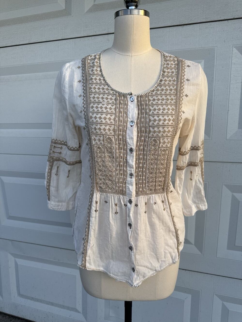 Johnny Was White Embroidered Blouse Top Button Front No Sz Fits Xs